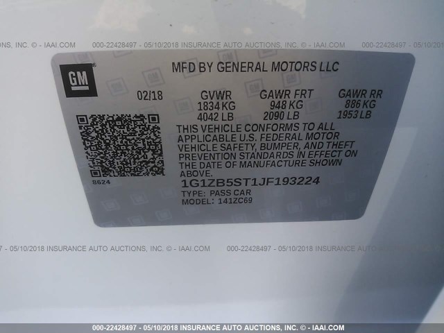 1G1ZB5ST1JF193224 - 2018 CHEVROLET MALIBU LS 白色 照片 9