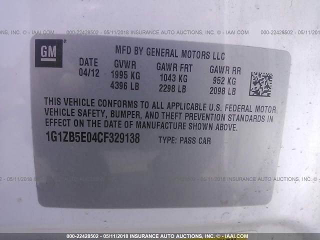 1G1ZB5E04CF329138 - 2012 CHEVROLET MALIBU LS 白色 照片 9