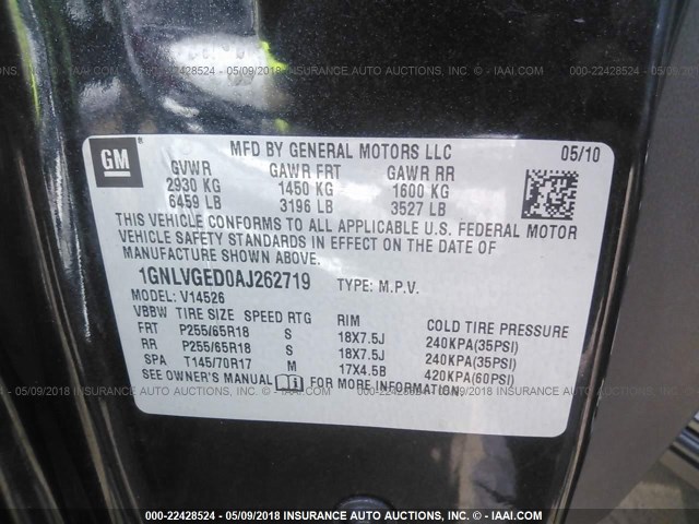 1GNLVGED0AJ262719 - 2010 CHEVROLET TRAVERSE LT BLACK photo 9