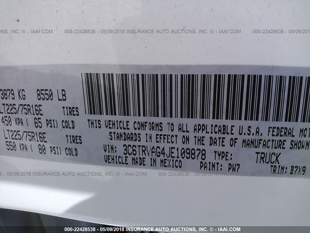 3C6TRVAG4JE109878 - 2018 RAM PROMASTER 1500 1500 STANDARD WHITE photo 9