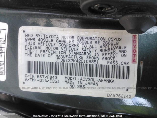 JTDBE32K420109851 - 2002 TOYOTA CAMRY LE/XLE/SE მწვანე ფოტო 9