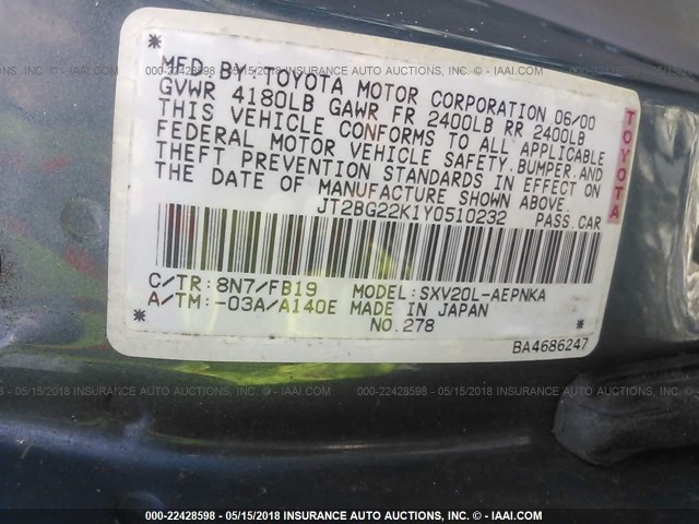 JT2BG22K1Y0510232 - 2000 TOYOTA CAMRY CE/LE/XLE 绿色 照片 9