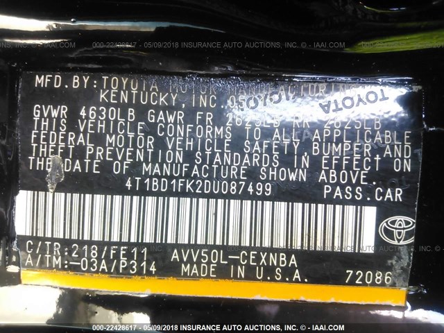 4T1BD1FK2DU087499 - 2013 TOYOTA CAMRY HYBRID/LE/XLE 黑色 照片 9