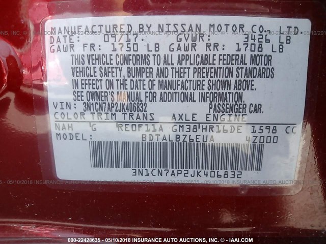 3N1CN7AP2JK406832 - 2018 NISSAN VERSA S/S PLUS/SV/SL RED photo 9