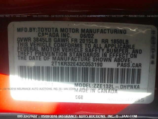 2T1KR32E43C053190 - 2003 TOYOTA COROLLA MATRIX XR RED photo 9