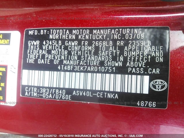4T4BF3EK7AR010751 - 2010 TOYOTA CAMRY SE/LE/XLE RED photo 9