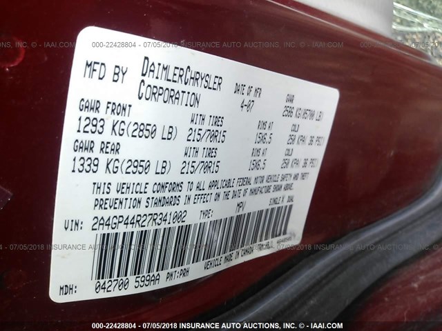 2A4GP44R27R341002 - 2007 CHRYSLER TOWN & COUNTRY LX MAROON photo 9