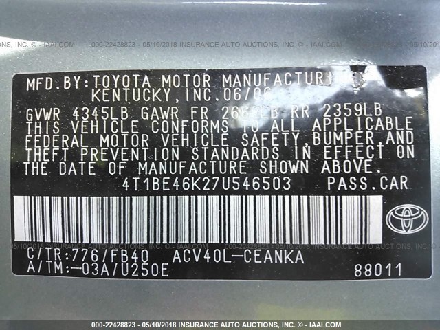 4T1BE46K27U546503 - 2007 TOYOTA CAMRY NEW GENERAT CE/LE/XLE/SE Light Blue photo 9
