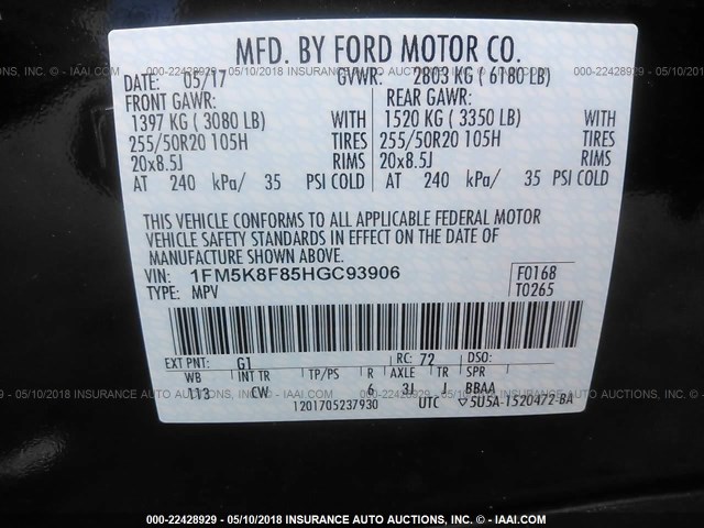 1FM5K8F85HGC93906 - 2017 FORD EXPLORER LIMITED 黑色 照片 9