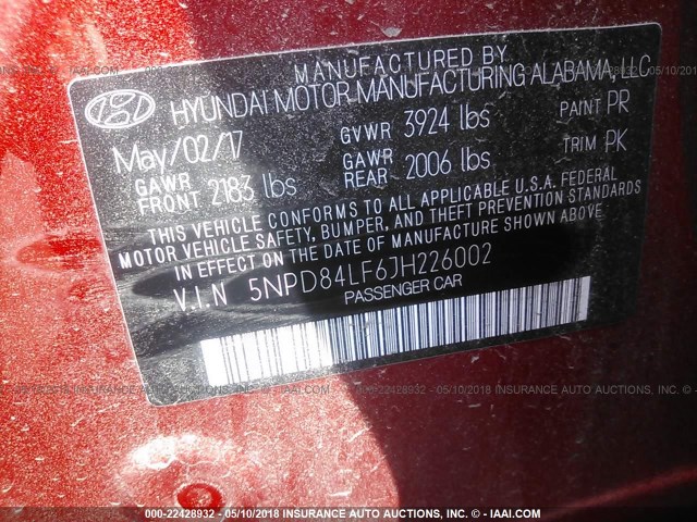 5NPD84LF6JH226002 - 2018 HYUNDAI ELANTRA SEL/VALUE/LIMITED RED photo 9