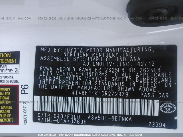 4T4BF1FK1CR272979 - 2012 TOYOTA CAMRY SE/LE/XLE 白色 照片 9