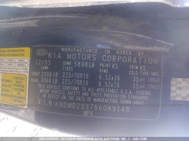 KNDMB233766049148 - 2006 KIA SEDONA EX/LX BLUE photo 9