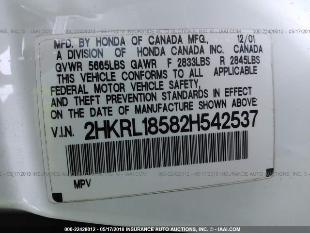 2HKRL18582H542537 - 2002 HONDA ODYSSEY LX WHITE photo 9