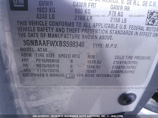 3GNBAAFWXBS598348 - 2011 CHEVROLET HHR LS Plata foto 9