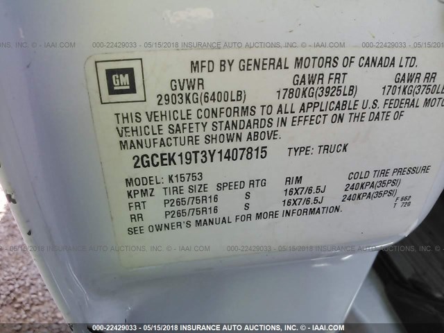 2GCEK19T3Y1407815 - 2000 CHEVROLET SILVERADO K1500 WHITE photo 9