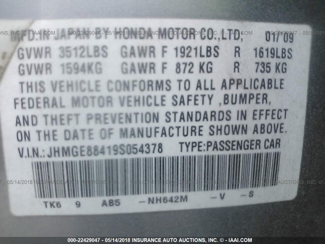 JHMGE88419S054378 - 2009 HONDA FIT SPORT SILVER photo 9