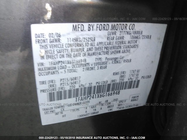 1FAHP241X6G166948 - 2006 FORD FIVE HUNDRED SEL GRAY photo 9