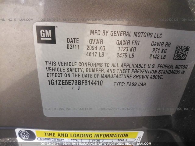 1G1ZE5E73BF314410 - 2011 CHEVROLET MALIBU LTZ 灰色 照片 9