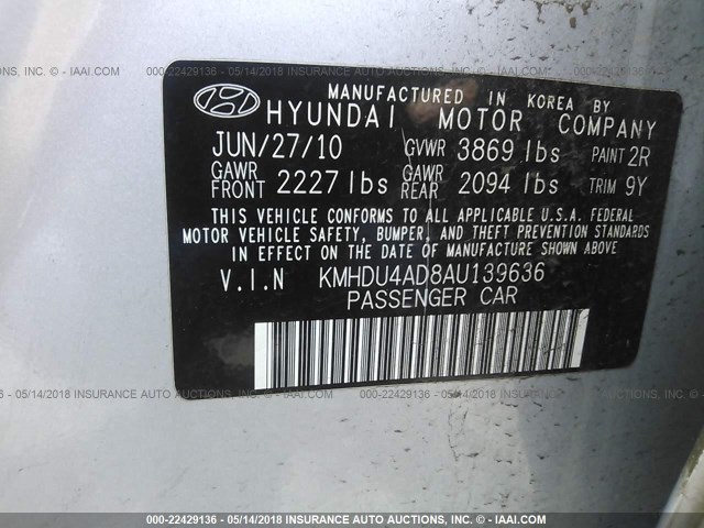 KMHDU4AD8AU139636 - 2010 HYUNDAI ELANTRA BLUE/GLS/SE SILVER photo 9