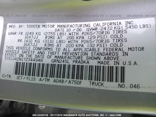 5TELU42N17Z344948 - 2007 TOYOTA TACOMA DOUBLE CAB ნაცრისფერი ფოტო 9