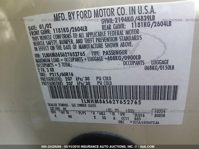 1LNHM86S62Y652765 - 2002 LINCOLN LS 金色 照片 9