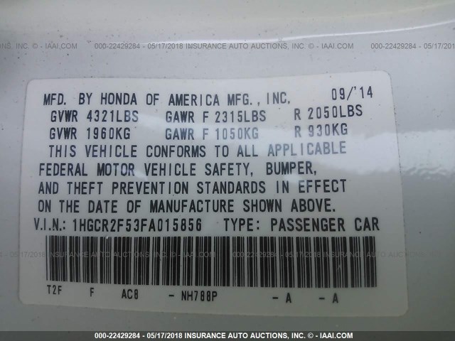 1HGCR2F53FA015856 - 2015 HONDA ACCORD SPORT 白色 照片 9