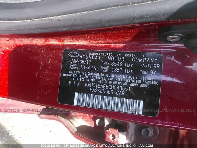 KMHCT5AE6CU043651 - 2012 HYUNDAI ACCENT GLS/GS RED photo 9