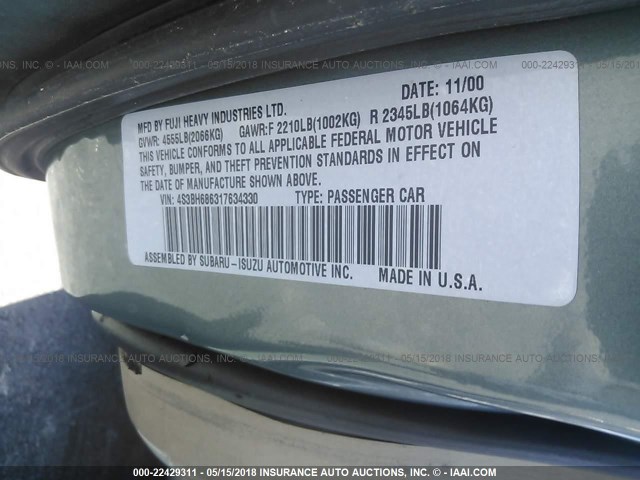 4S3BH686317634330 - 2001 SUBARU LEGACY OUTBACK LIMITED GREEN photo 9