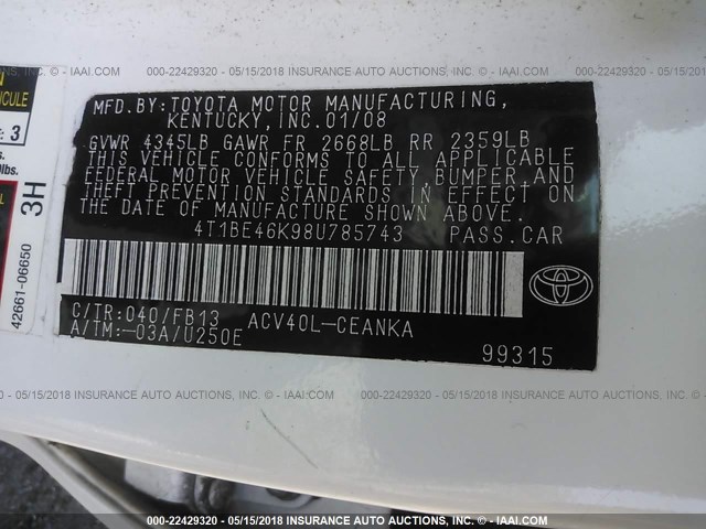 4T1BE46K98U785743 - 2008 TOYOTA CAMRY CE/LE/XLE/SE WHITE photo 9