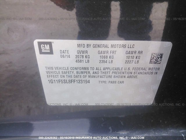 1G11F5SL8FF123194 - 2015 CHEVROLET MALIBU LTZ 灰色 照片 9