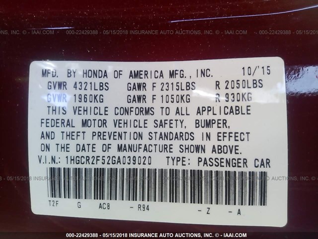 1HGCR2F52GA039020 - 2016 HONDA ACCORD SPORT წითელი ფოტო 9