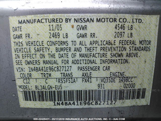 1N4BA41E96C827127 - 2006 NISSAN MAXIMA SE/SL TAN photo 9