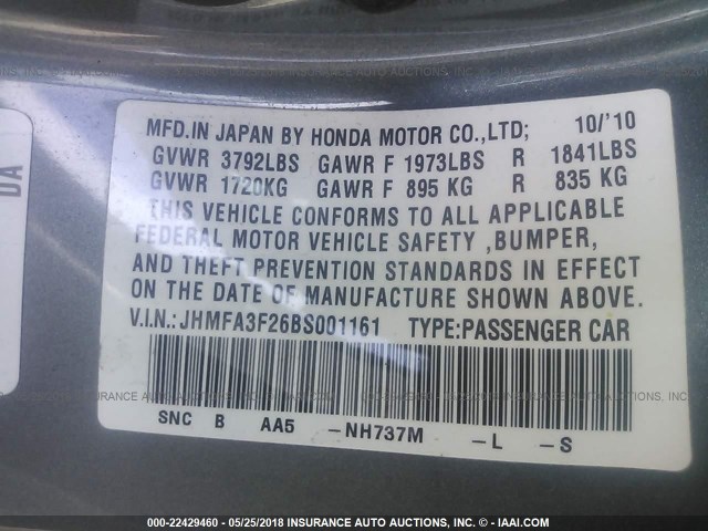 JHMFA3F26BS001161 - 2011 HONDA CIVIC HYBRID GRAY photo 9