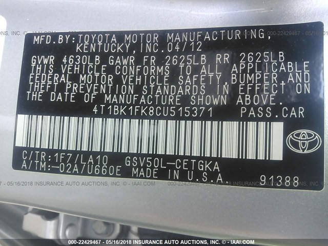 4T1BK1FK8CU515371 - 2012 TOYOTA CAMRY SE/XLE SILVER photo 9