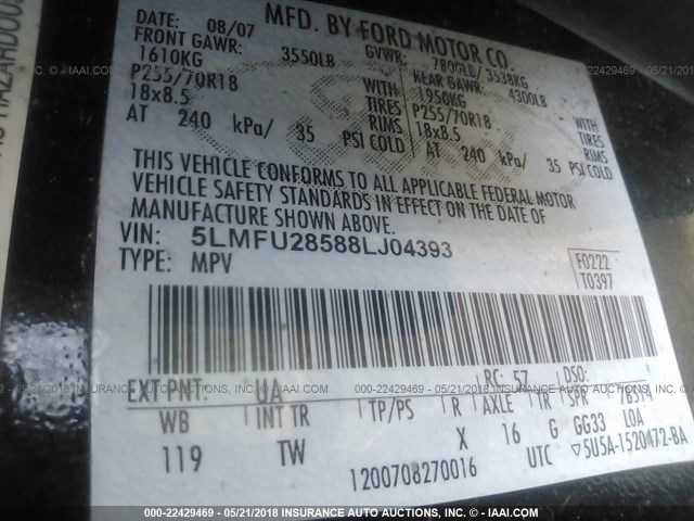 5LMFU28588LJ04393 - 2008 LINCOLN NAVIGATOR BLACK photo 9