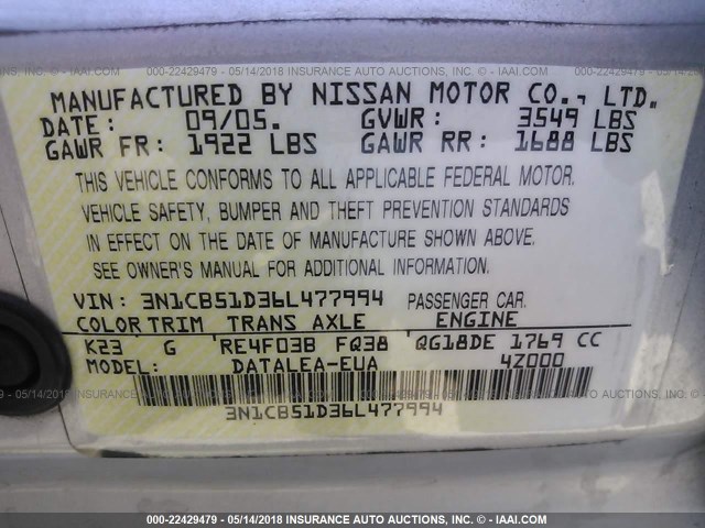 3N1CB51D36L477994 - 2006 NISSAN SENTRA 1.8/1.8S SILVER photo 9