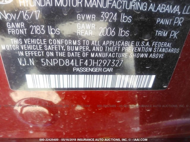 5NPD84LF4JH297327 - 2018 HYUNDAI ELANTRA SEL/VALUE/LIMITED RED photo 9