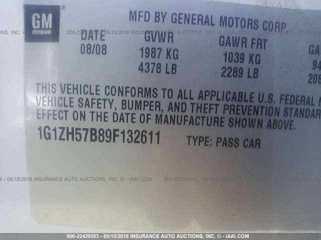 1G1ZH57B89F132611 - 2009 CHEVROLET MALIBU 1LT 白色 照片 9