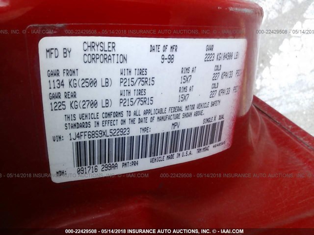 1J4FF68S9XL522923 - 1999 JEEP CHEROKEE SPORT/CLASSIC წითელი ფოტო 9