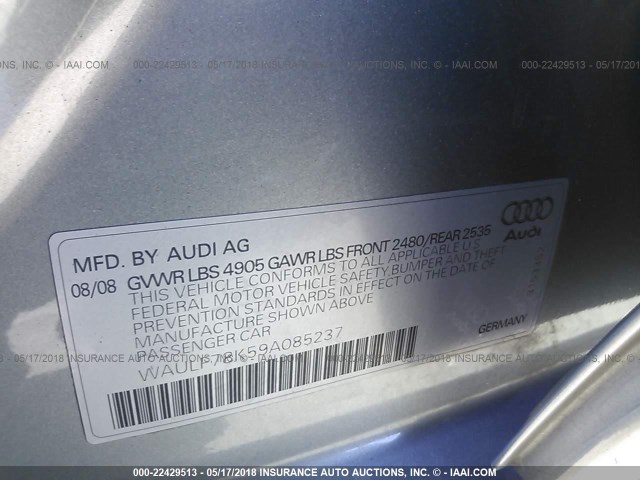 WAULF78K59A085237 - 2009 AUDI A4 2.0T QUATTRO GRAY photo 9