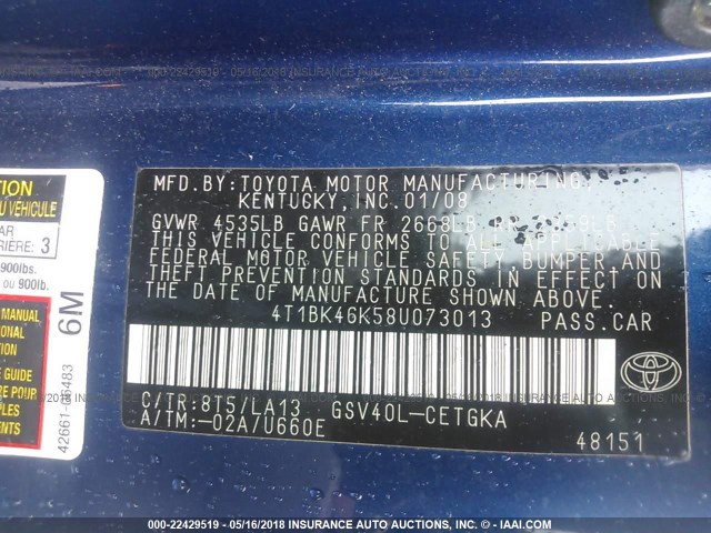 4T1BK46K58U073013 - 2008 TOYOTA CAMRY LE/XLE/SE ლურჯი ფოტო 9