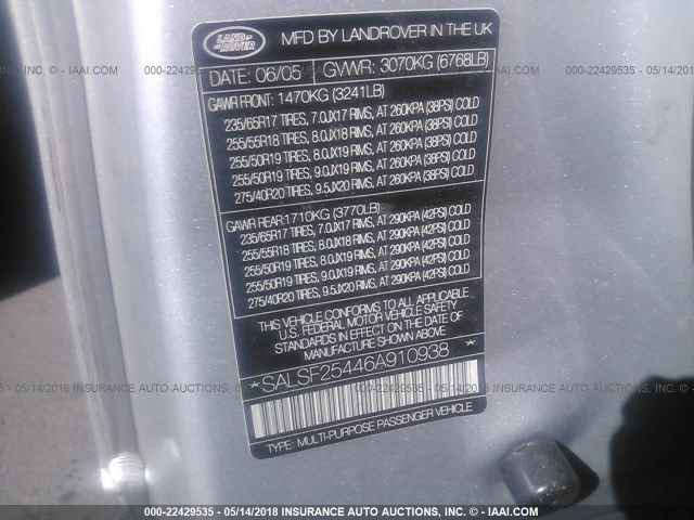 SALSF25446A910938 - 2006 LAND ROVER RANGE ROVER SPORT HSE SILVER photo 9