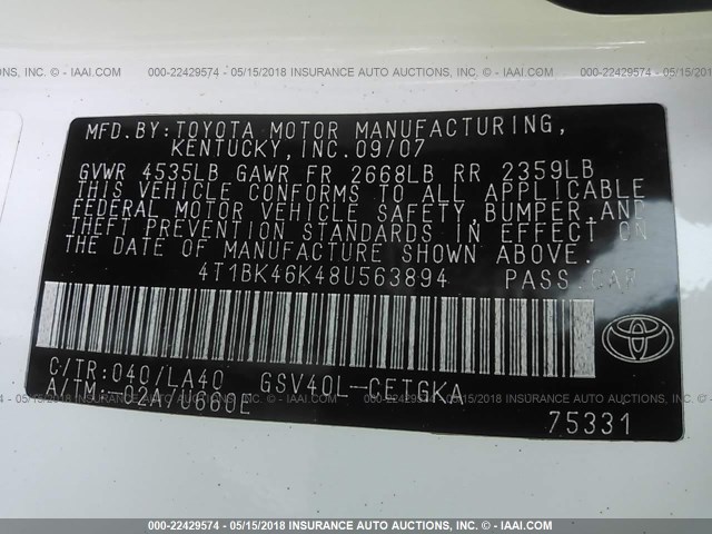 4T1BK46K48U563894 - 2008 TOYOTA CAMRY LE/XLE/SE Ақ фото 9