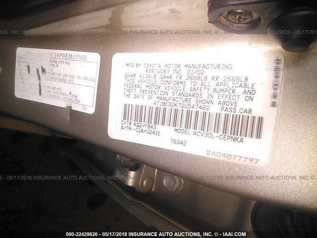 4T1BE32K72U547462 - 2002 TOYOTA CAMRY LE/XLE/SE ოქროსფერი ფოტო 9