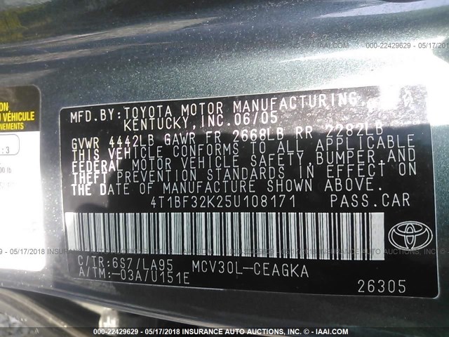 4T1BF32K25U108171 - 2005 TOYOTA CAMRY LE/XLE/SE მწვანე ფოტო 9