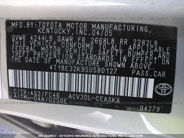 4T1BE32K95U580127 - 2005 TOYOTA CAMRY LE/XLE/SE Şampan foto 9