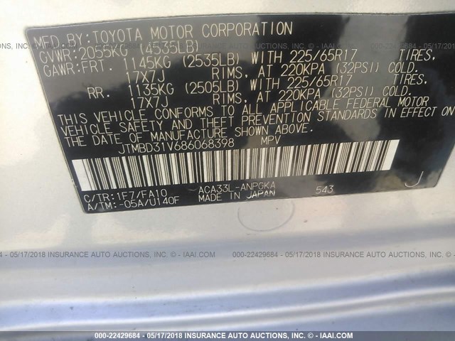 JTMBD31V686068398 - 2008 TOYOTA RAV4 LIMITED SILVER photo 9