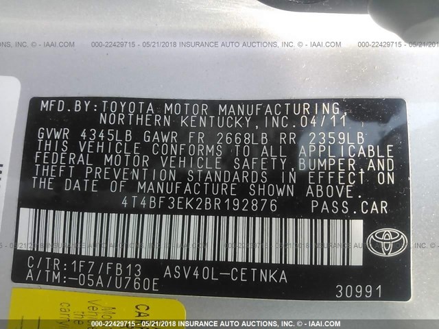 4T4BF3EK2BR192876 - 2011 TOYOTA CAMRY SE/LE/XLE SILVER photo 9