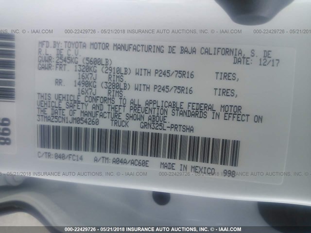 3TMAZ5CN1JM054260 - 2018 TOYOTA TACOMA DBL CAB/SR5/TRD SPORT/OR WHITE photo 9