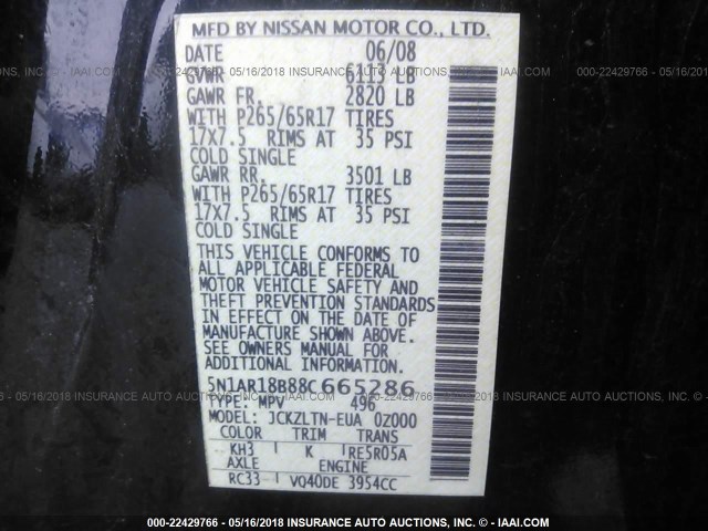 5N1AR18B88C665286 - 2008 NISSAN PATHFINDER S/LE/SE BLACK photo 9